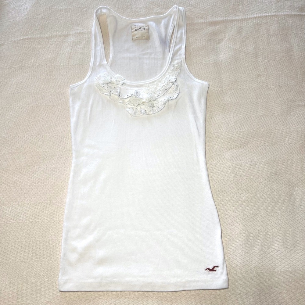 Hollister White Ribbed Tank Top Lace Ruffle Sequin 2000s Y2K Large